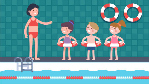 수영 클래스 코치 여자 가르쳐 어린이 수영 그룹 수영장에서. 수영장 옆에 서있는 행복한 어린이 캐릭터, 수영 반지를 착용하고, 훈련, 수영을 배우십시오. 플랫 벡터 일러스트레이션 - inner tube inflatable swimming little girls stock illustrations