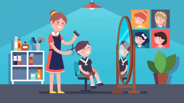 Vector illustration of Children barber hairdresser woman doing boy kid client haircut in beauty hairdressing salon. Smiling child sitting on chair in front of mirror. Hair salon interior. Flat vector illustration