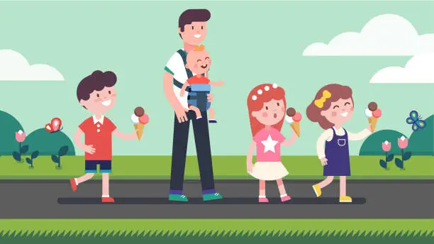 Vector illustration of Single father walking with many kids, daughter & sons kids in summer park. Happy children & parent cartoon characters. Man carry little baby boy. Big family enjoying outdoor walk. Flat vector illustration