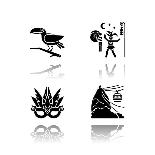 Vector illustration of Brazilian carnival drop shadow black glyph icons set. Traditional masquerade. Street party. Masquerade mask. PÃ£o de AÃ§Ãºcar. Ropeway. National festival. Isolated vector illustrations on white space