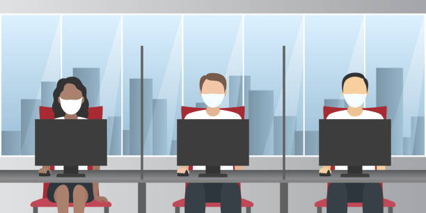 Office people in face masks working in office. Separate workspace. Vector illustration. Office people in face masks working in office. Separate workspace. Vector illustration. office cubicle mask stock illustrations