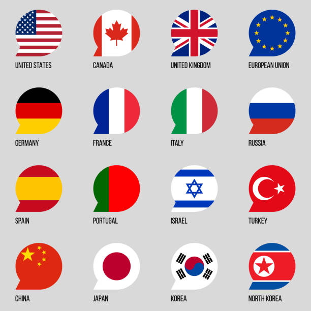 национальные флаги круглые значки вектора пузыря набор - japan spain stock illustrations