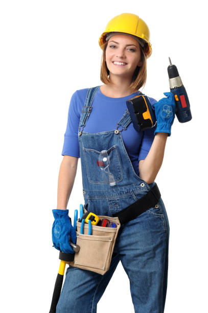 istock Young Woman Contractor Construction Carpenter with Drill on White 123969272