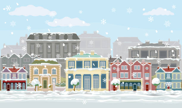 noel kar evleri ve dükkanlar sokak sahnesi - chris snow stock illustrations
