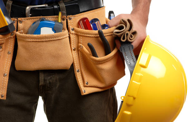 Construction Contractor Carpenter Tool belt hardhat Isolated on White Background Construction Contractor Carpenter Tool belt and hardhat Isolated on White Background tool belt stock pictures, royalty-free photos & images