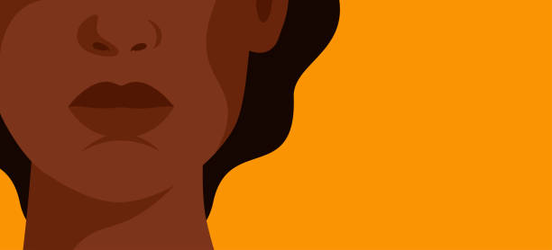 The face of a young strong African woman on yellow background. The face of a young strong African woman on yellow background. Concept of fighting for equality and female empowerment movement. Vector horizontal banner. woman silhouette illustration stock illustrations