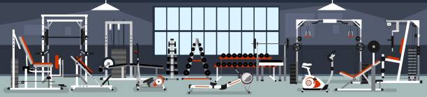 Gym interior concept. Fitness center design in flat style with power rack,Bench Press, Pull-Down, Pec Deck, Dumbbells, Exercise Bike, Leg Curl, Hack Squat, Leg Extension,leg abduction, Smith Machines. Gym interior concept. Fitness center design in flat style with power rack,Bench Press, Pull-Down, Pec Deck, Dumbbells, Exercise Bike, Leg Curl, Hack Squat, Leg Extension,leg abduction, Smith Machines. gym backgrounds stock illustrations