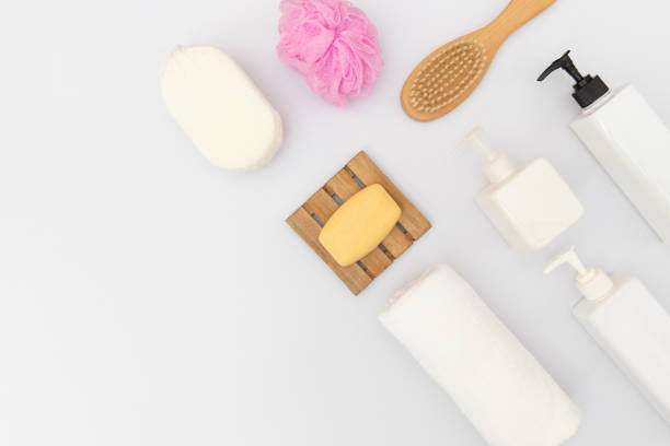 top view or flat lay of spa treatment hygiene objects with copy space isolated on white background