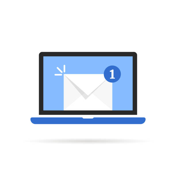 laptop with one unread message laptop with one unread message. concept of 1 new letter for customer like verification e-mail and campaign news letter. cartoon trend modern simple subscription graphic design isolated on white unread messages illustrations stock illustrations