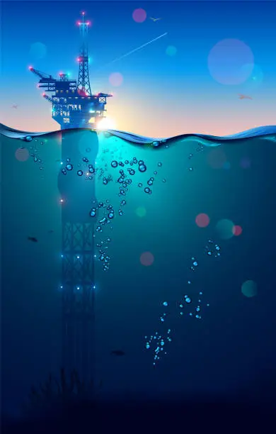 Vector illustration of Oil rig or drilling platform in sea and subsea extractions gas and oil from the ocean floor. Sunlight on horizont in ocean landscape. industry of mining production on offshore. Underwater surface.