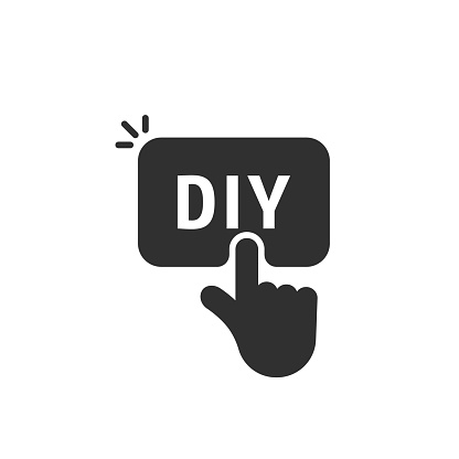 hand pushing on black diy button. concept of do it yourself like home fix and repair or hobby or skillful fingers. flat style trend modern simple graphic design isolated on white background