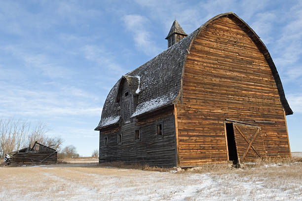 istock wooden barn and collapsed log house 123973029
