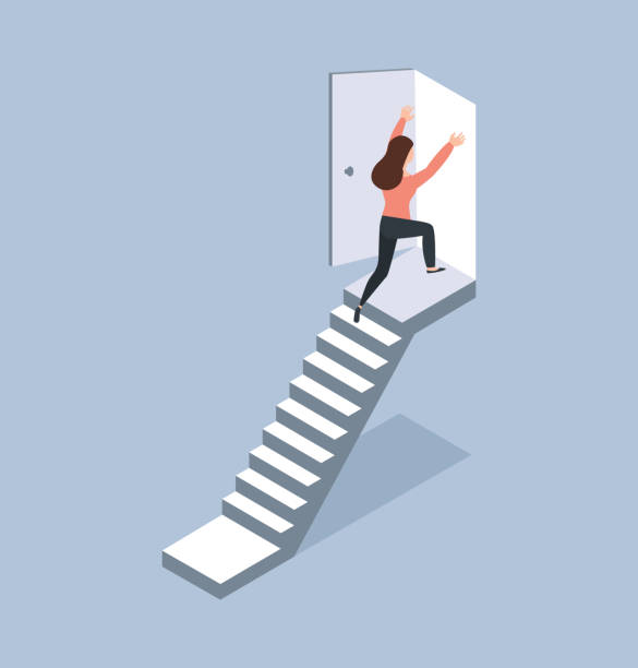 ilustraciones, imágenes clip art, dibujos animados e iconos de stock de mujer caminando escalera a puerta concepto isométrico - businesswoman winning competition staircase