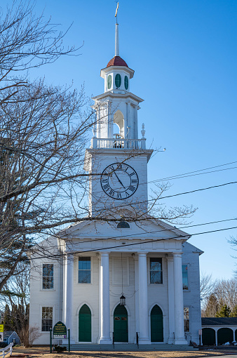 Historic White Church on a spring Day in Kennebunkport, Maine USA