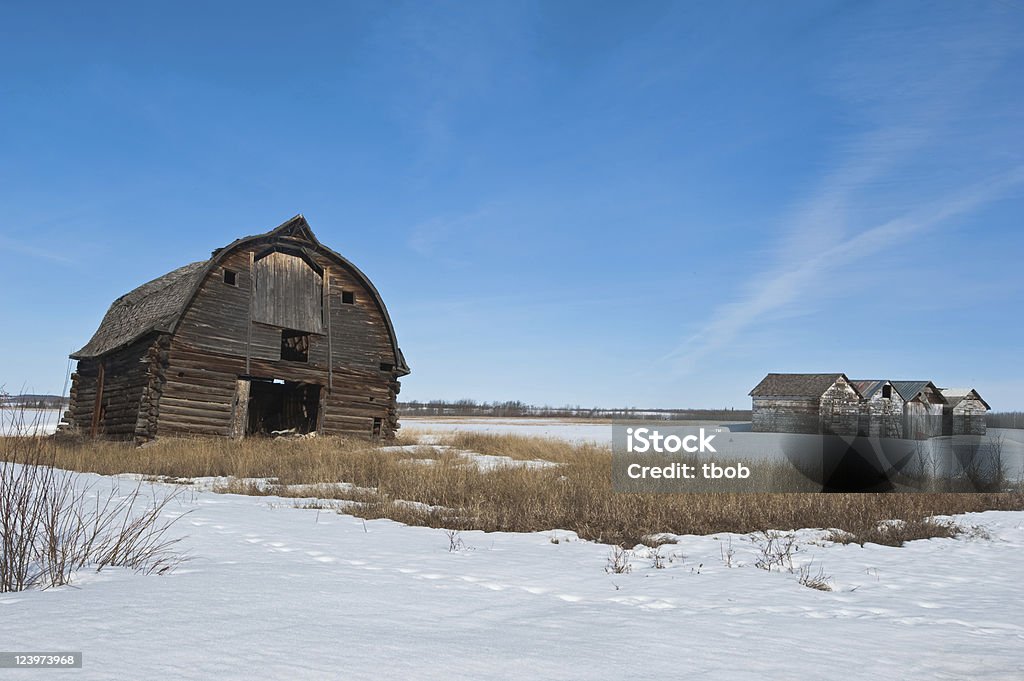 Old abandoned farm building:collapsing barn and granaries  Abandoned Stock Photo