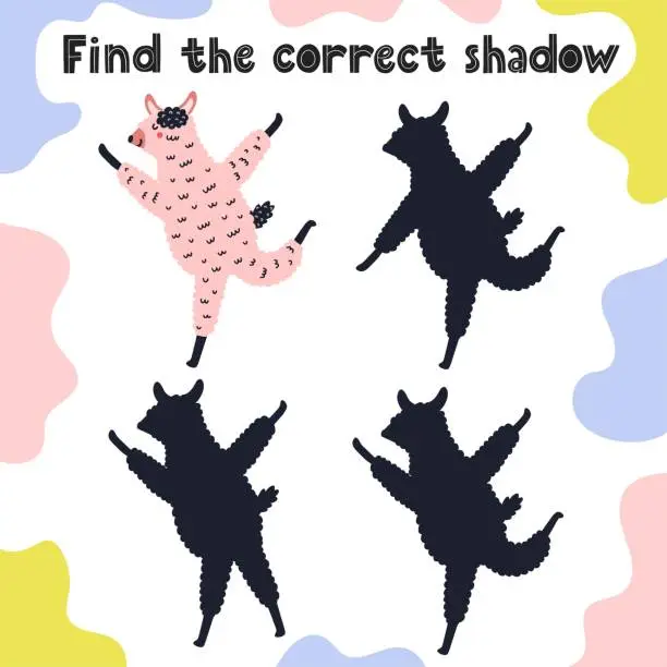 Vector illustration of Find the correct shadow game with funny llama