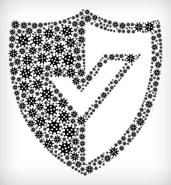 Shiled Flu Coronavirus Icon Pattern Shiled Flu Coronavirus Icon Pattern. The main shape is filled with black and white coronavirus covid-19 molecule icon pattern. The icons vary in size and shades of the red color. shiled stock illustrations