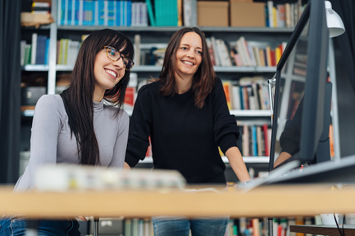 Two smiling female business colleagues or partners working together at a desktop computer in a low angle view looking up