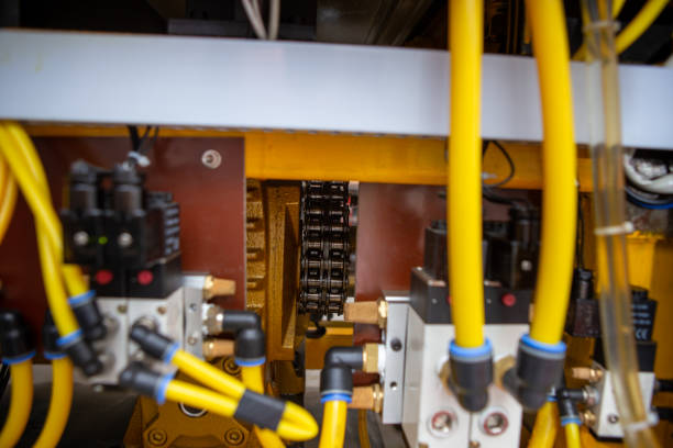 istock Focus on the chain power transmission on packaging machines. In front are various electro-pneumatic valves. 1239779060