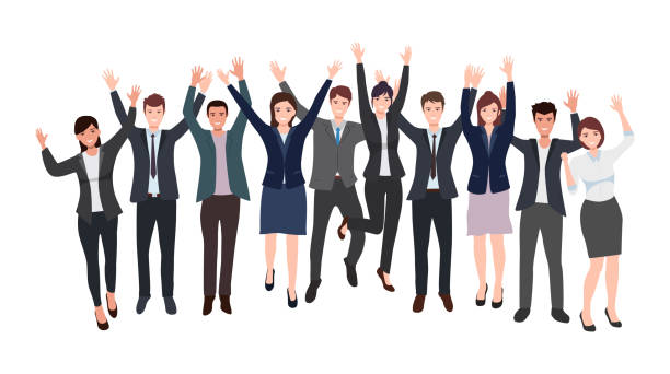 illustrazioni stock, clip art, cartoni animati e icone di tendenza di gruppo di uomini d'affari felici e team di uomini d'affari che alzano la mano celebrando il successo nel design delle icone piatte - manager foreman vector characters