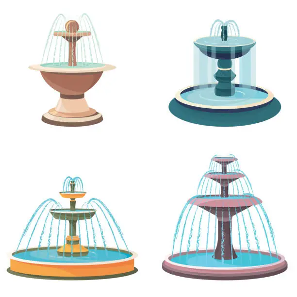 Vector illustration of Set of fountains.