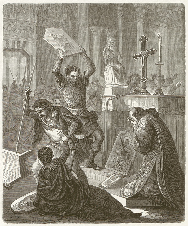 The Byzantine iconoclastic controversy was a time of passionate theological debate in the former Orthodox-Catholic Church and the Byzantine imperial family during the 8th and 9th Century, where it was about the proper use and the veneration of icons. The two parties were called iconoclasts (icon destroyer) and Ikonodulen (icon admirer). Woodcut engraving, published in 1881.