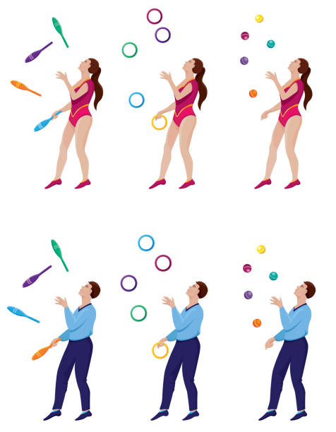 stockillustraties, clipart, cartoons en iconen met jongleurs met clubs, ringen en ballen. - jongleren
