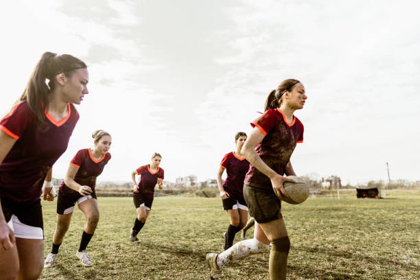 istock Female rugby team during the game 1239803562