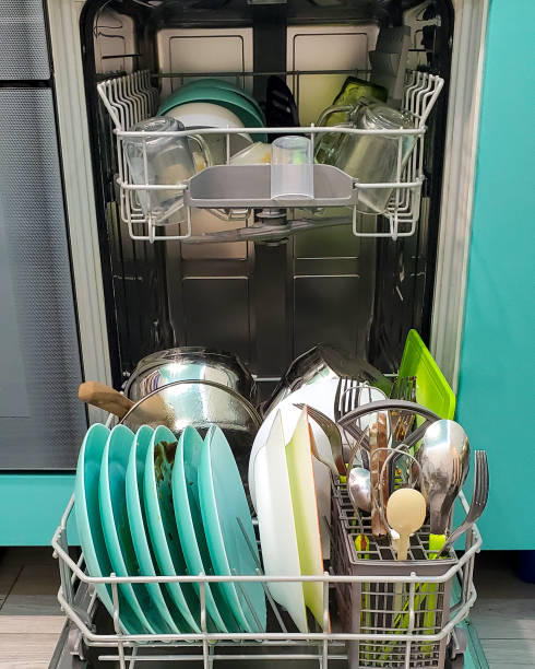 istock image of a dishwasher with a folded dirty dishware 1239810642