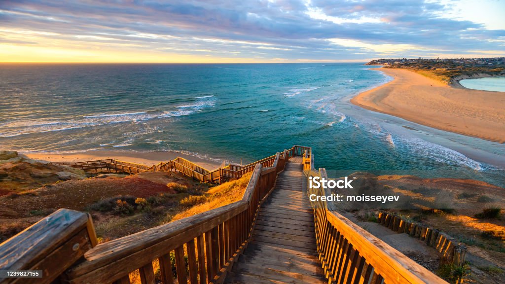 South Port Beach boardwalk at sunset South Port Beach boardwalk at sunset, Port Noarlunga, South Australia Australia Stock Photo