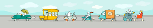 эскиз набор с милыми автомобилями и людьми - car child teamwork sports race stock illustrations