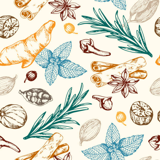 Seamless pattern with spices and herbs. Vintage hand drawn floral seamless pattern with spices and herbs. Vector background kitchen patterns stock illustrations