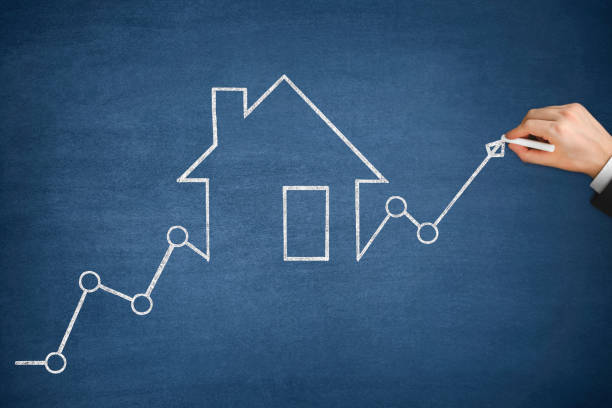 Mortgage Graph with Ascending Price Arrow House real estate graph price investment mortgage rising interest rate stock pictures, royalty-free photos & images