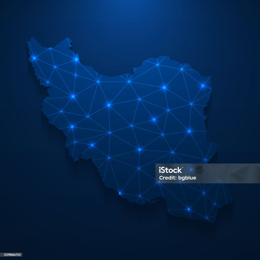 Iran Map Network Bright Mesh On Dark Blue Background Stock Illustration