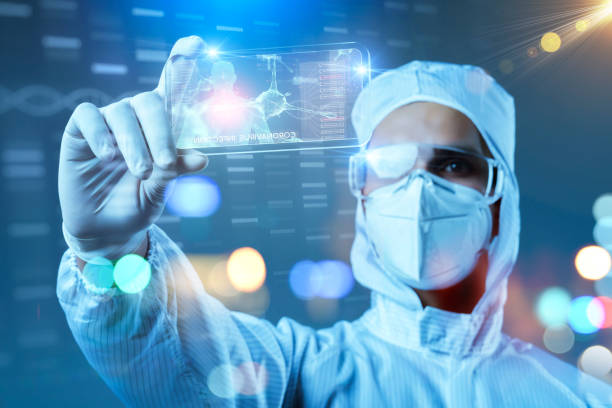 istock Scientist doctor mask suit protection, smart mobile internet of thing future science technology virus vaccine research lab, medical health care IOT futuristic virtual intelligence digital technology 1239874948