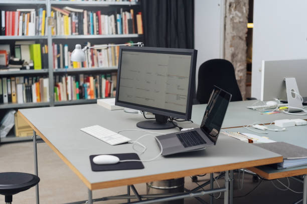 istock Workplace with laptop on stand 1239889867