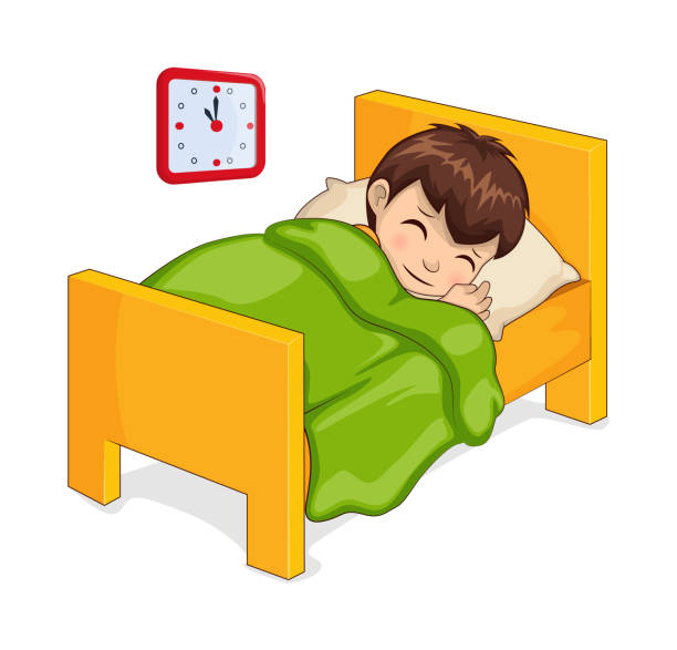 ilustrações, clipart, desenhos animados e ícones de menino adormecido na cama isolado ilustração vetorial - house home interior small human hand