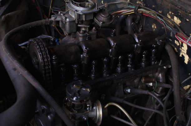 istock Engine machine. Car repair and its components. Car engine in disassembled condition. Top view and side view. 1239909337