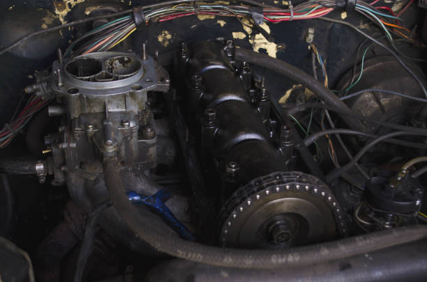 istock Engine machine. Car repair and its components. Car engine in disassembled condition. Top view and side view. 1239922766