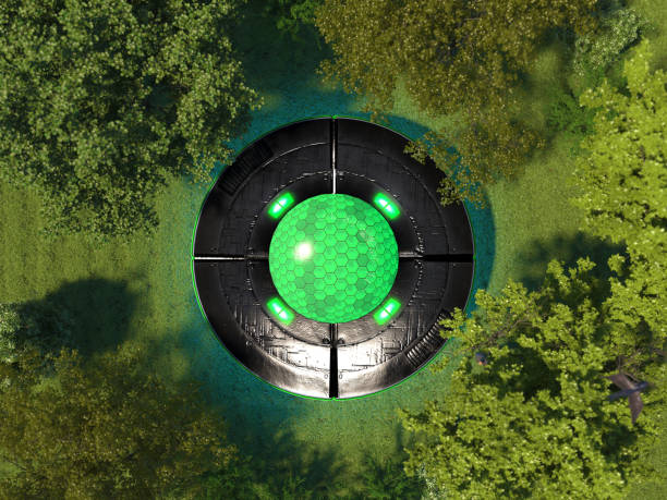 UFO on the green meadow in the forest among the trees. Unknown flying object on grass on the top view. Landed flying saucer. Aerial view. 3D render.