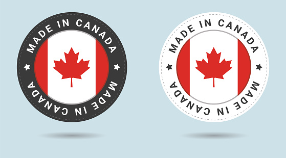 Set of two Canadian stickers. Made in Canada. Simple icons with flags.