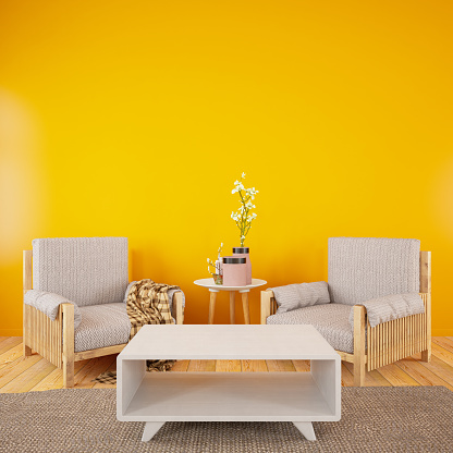 Interior of Modern Living Room with Two Armchair and Yellow Wall. 3d Render