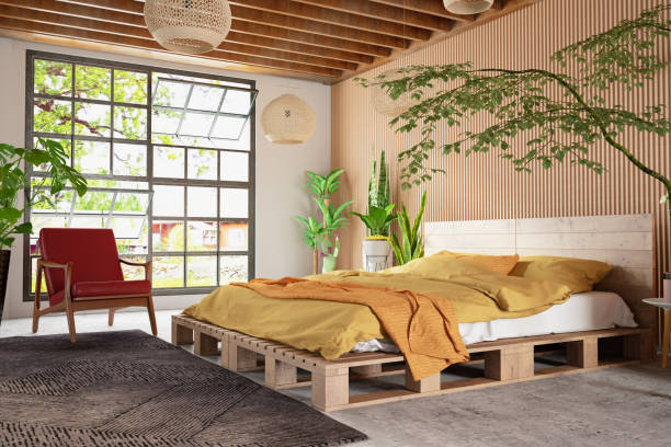 Bohemian style Bedroom interior with Plants and Trees