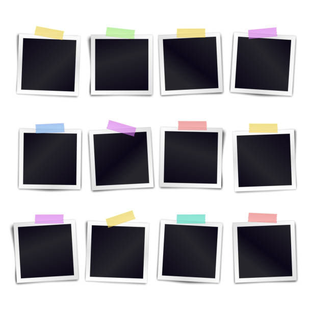 Collection of twelve blank photo frames sticked on color duct tape to white background. Template for design calender. Vector illustration Collection of twelve blank photo frames sticked on color duct tape to white background. Template for design calender. Vector illustration instant print transfer stock illustrations