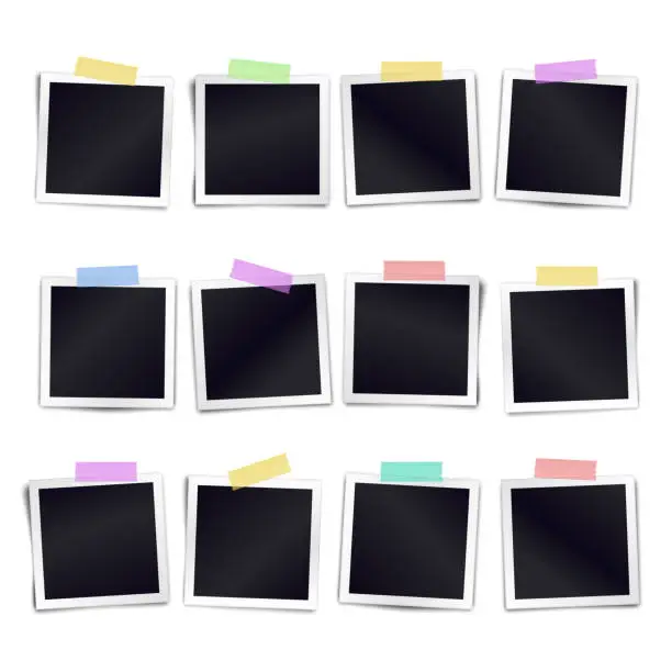 Vector illustration of Collection of twelve blank photo frames sticked on color duct tape to white background. Template for design calender. Vector illustration