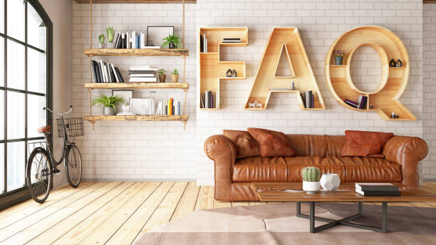 FAQ Book Shelf with Leather Sofa and Cozy Interior FAQ Shelf with Leather Sofa and Cozy Interior. 3d Render help single word stock pictures, royalty-free photos & images