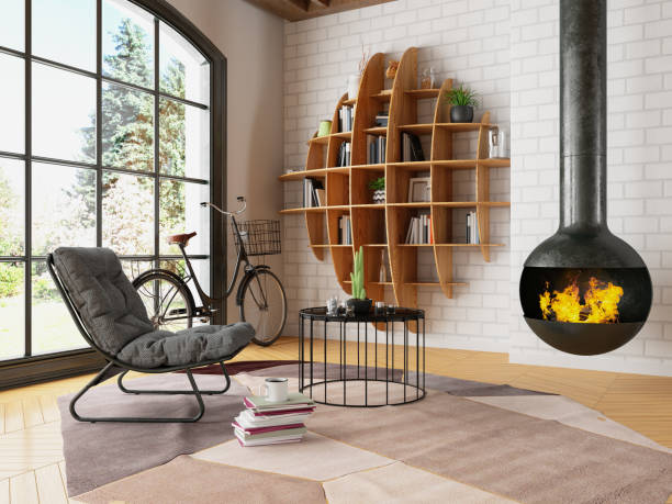 Creative Bookshelf Design with Armchair and FirePlace