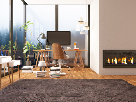 Cozy room with Fireplace and Computer. 3d Render