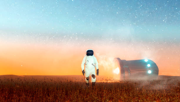istock Astronaut walks on planet in space after his spaceship has crash landed 1239934218