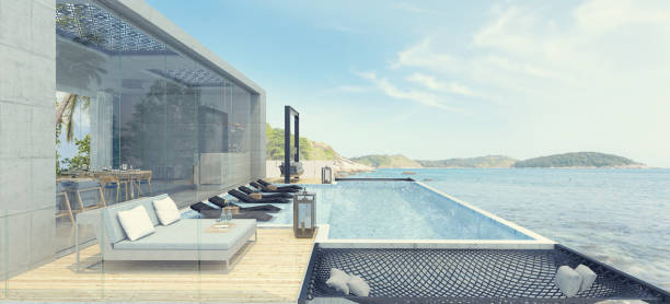 istock Modern house with a swimming pool, sea view 1239937681
